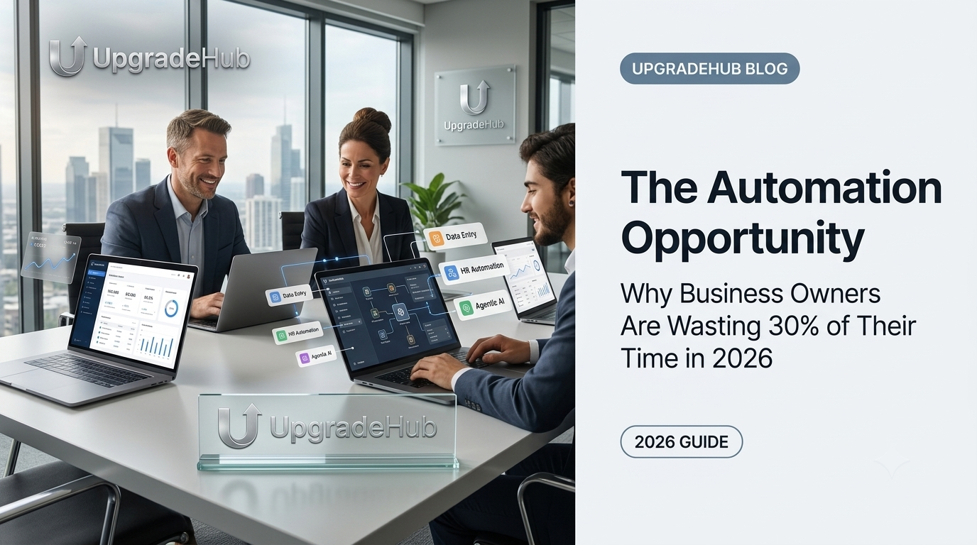 Business owner saving time with automation tools dashboard showing productivity gains and ROI metrics in 2026