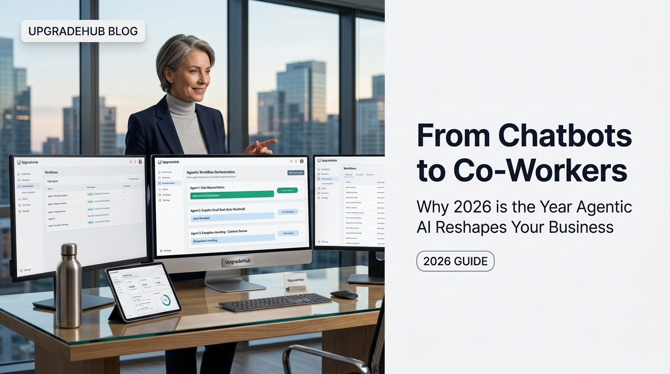 Agentic AI transforming business workflows in 2026 with autonomous agents and automation dashboard showing ROI growth