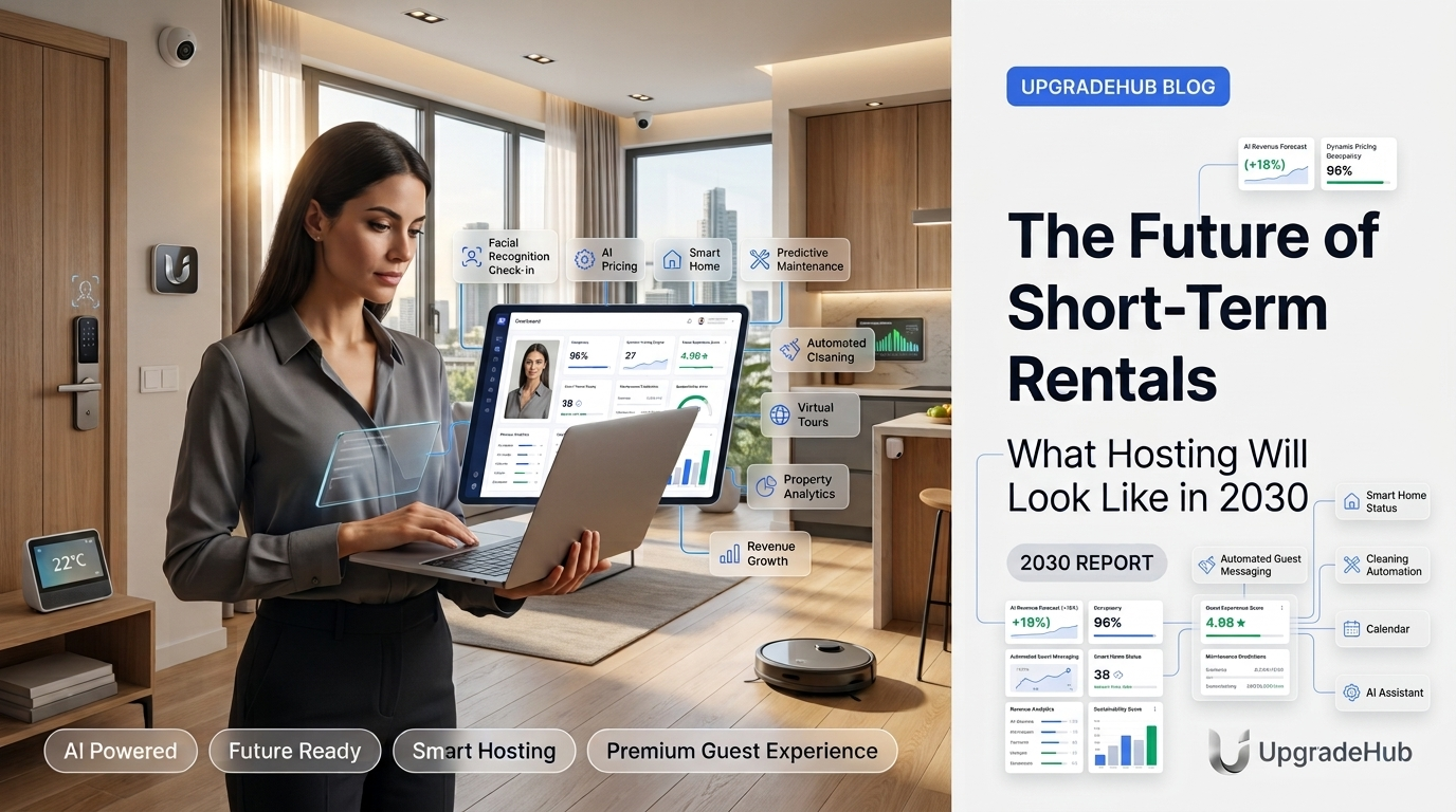 Futuristic smart home hosting concept showing AI and automation in short-term rental property management