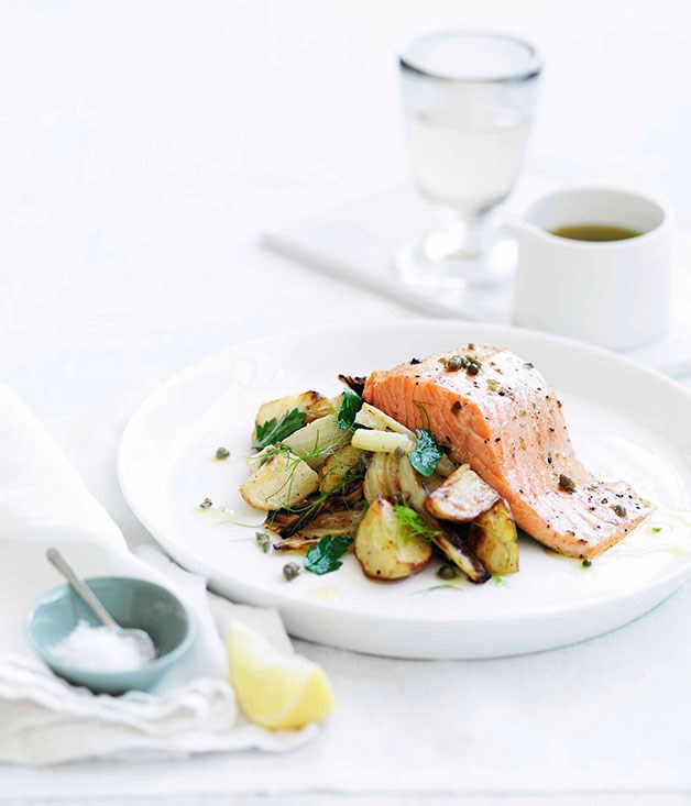 Roast trout with warm fennel and potato salad