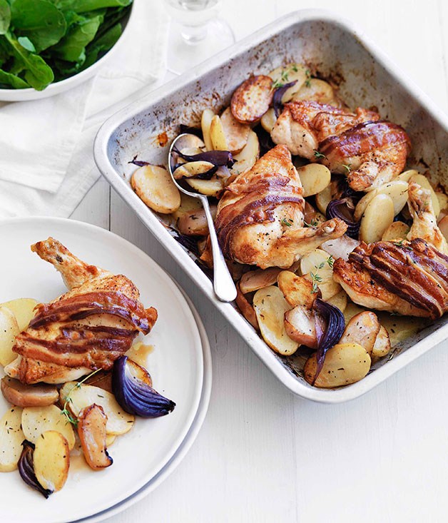 Cider roasted chicken with speck, apple and potato