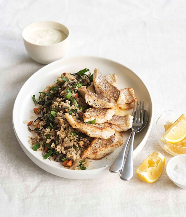 Snapper with silverbeet, herb and almond pilaf