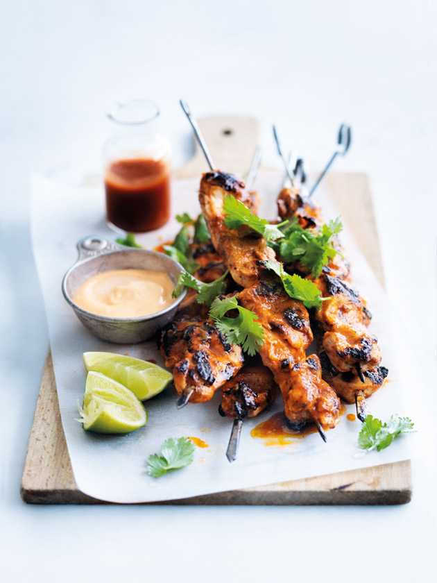 Char-grilled lime and sriracha chicken skewers