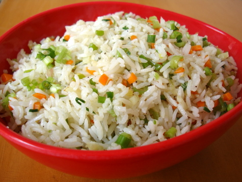 Sticky rice, vegetables, and soy sauce
