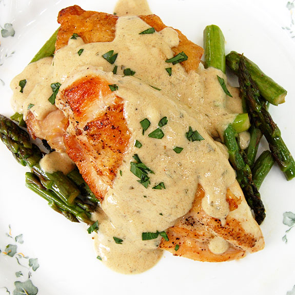 Pan-Fried Chicken with Mustard Cream Sauce and Asparagus