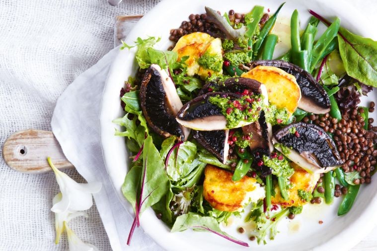 ROASTED MUSHROOM AND HALOUMI SALAD WITH CRISPY LENTILS