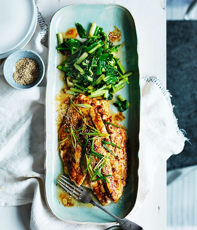 Miso roast mulloway with sesame and sauteed greens