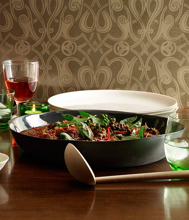 Red curry of beef with green peppercorns, wild ginger and holy basil