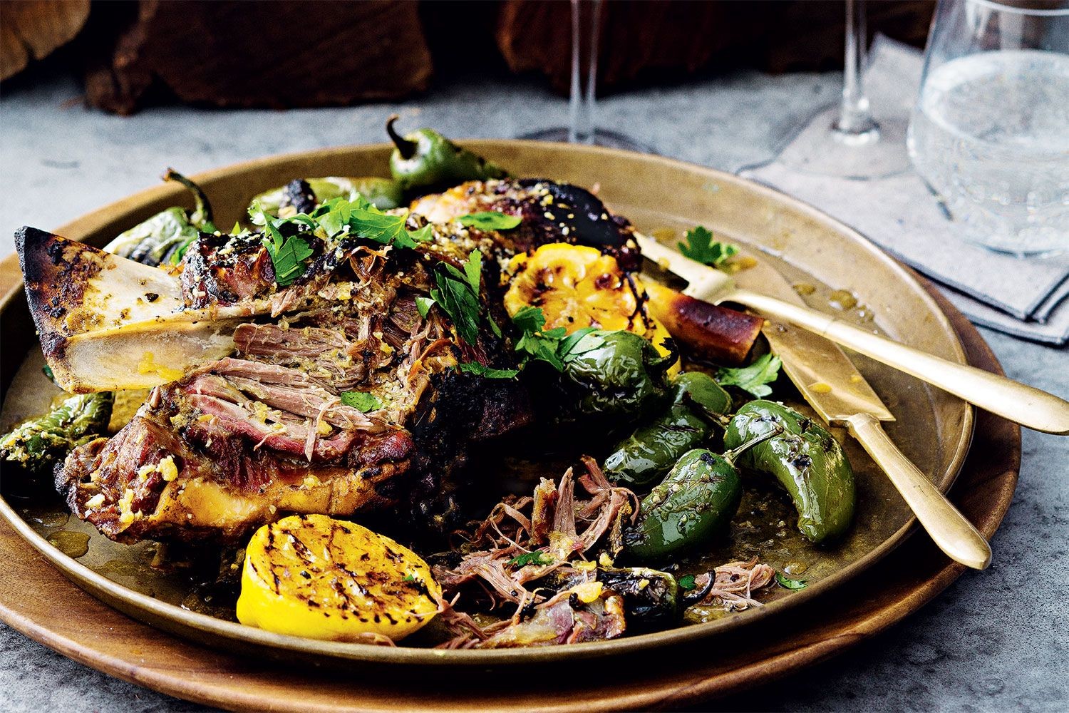 Charred goat shoulder with preserved lemon and anchovies