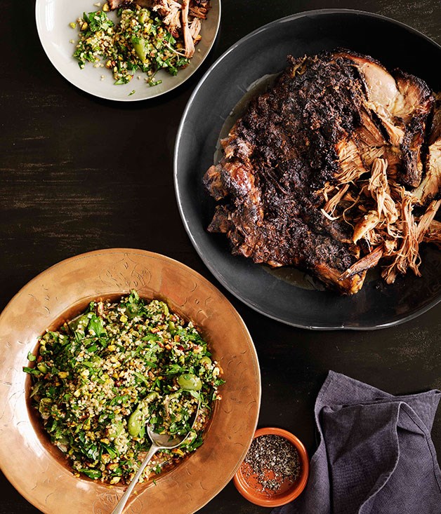 12 hour roast lamb with pistachio and green olive tabbouleh