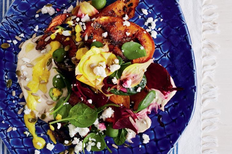 HUMMUS, PUMPKIN, BEETROOT AND SEEDS WITH TURMERIC DRESSING