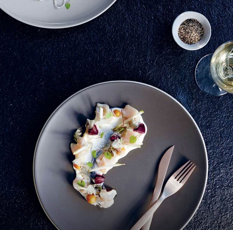 Lightly smoked kingfish with horseradish cream, baby beetroot, pear & kombu