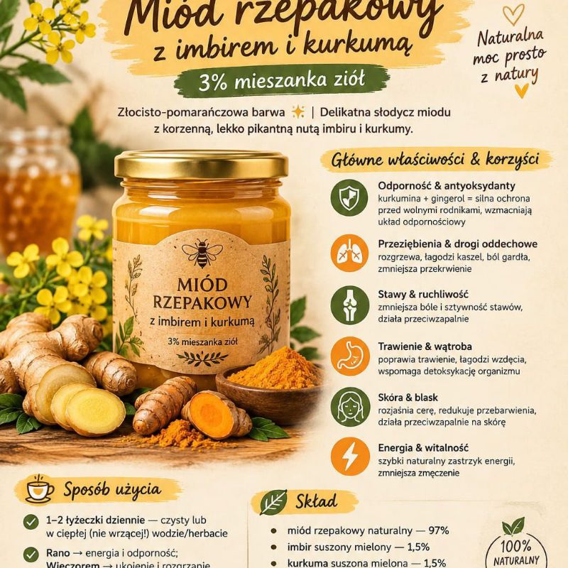 Miód rzepakowy z kurkumą i imbirem