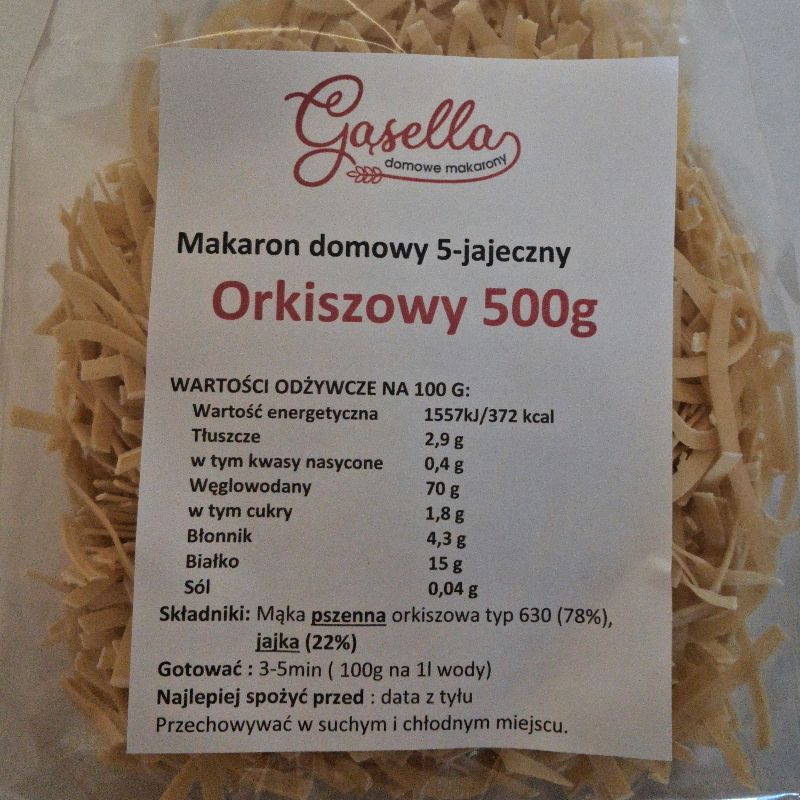Gąsella Makaron ORKISZOWY 5-jajeczny WSTĄŻKI 500 g