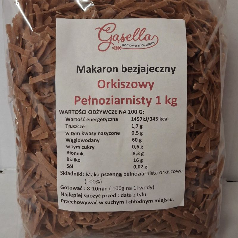 Gąsella Makaron ORKISZOWY Bezjajeczny Pełnoziarnisty Wstążki 1 kg