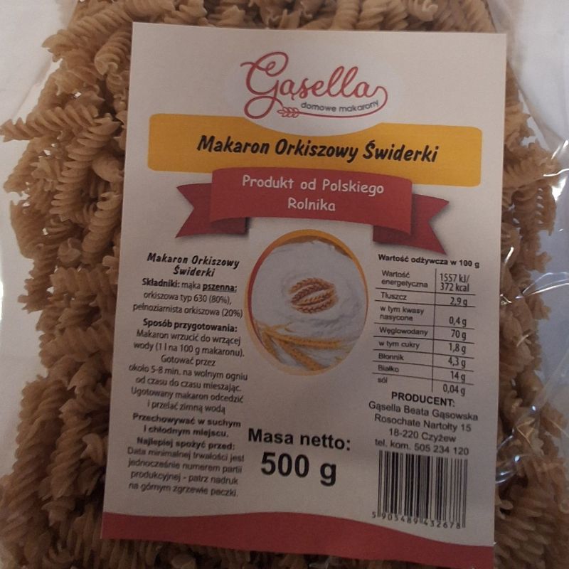 Gąsella Makaron Orkiszowy ŚWIDERKI Bezjajeczne 500g