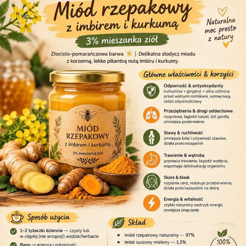 Miód rzepakowy z kurkumą i imbirem