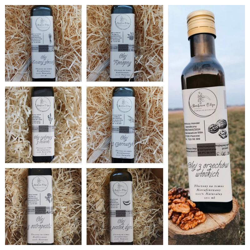Zestaw 7 olei tłoczonych na zimno olej lniany, rydzowy, ostropest, konopny, czarnuszka, dyniowy, orzech włoski 250ml
