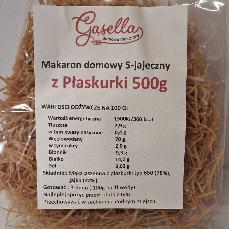 Gąsella Makaron z PŁASKURKI 5-jajeczny Nitki 500g