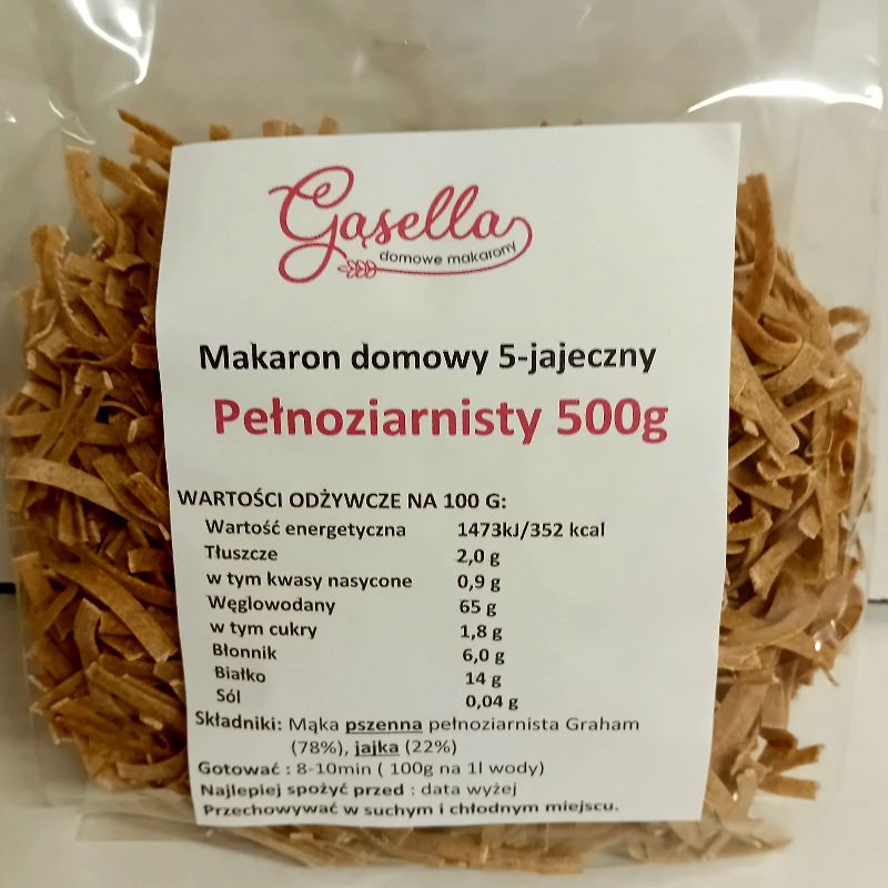 Makaron Gąsella 5-jajeczny PEŁNOZIARNISTY GRAHAM Wstążki 500g