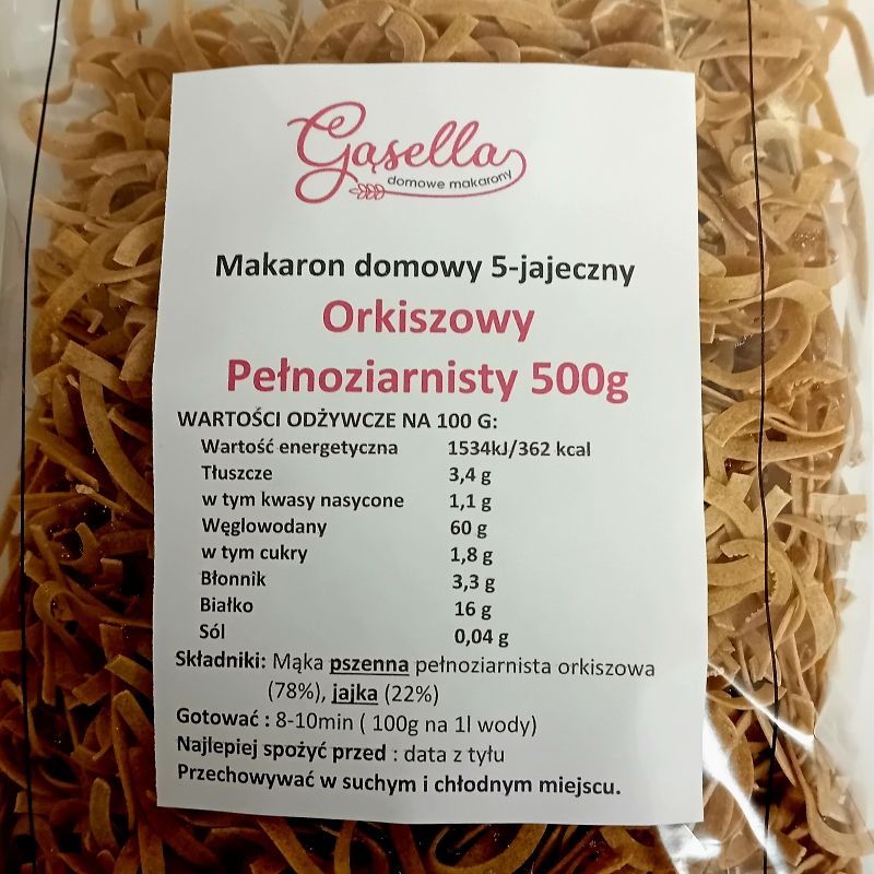 Gąsella Makaron ORKISZOWY PEŁNOZIARNISTY 5-jajeczny WSTĄŻKI 500 g